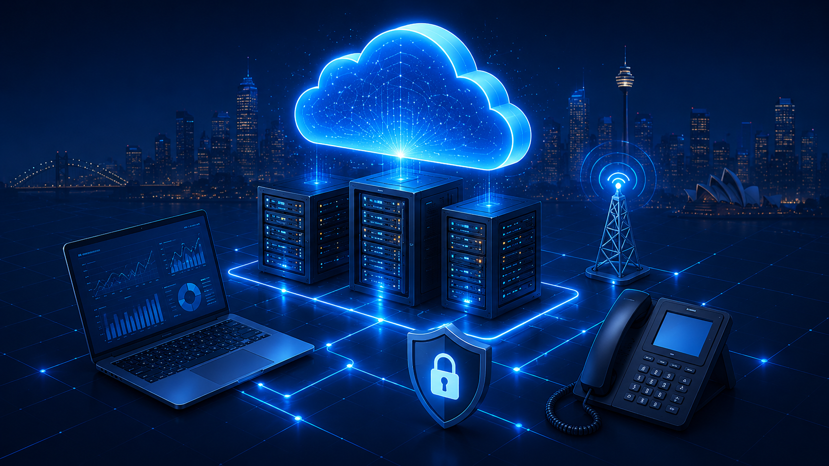 Cloud infrastructure connected to servers, security and communications technology